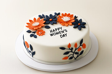 Close-up of a round cake in white icing with the inscription Happy Women's Day. The cake is decorated with flowers made of confectionery mastic.​​ The concept of congratulating women on the holiday