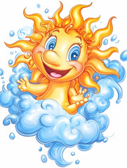 Fototapeta premium Joyful Sun Character in Clouds; Cartoon Illustration for Children's Book or Website