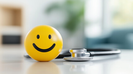 A yellow smiley face with stethoscope. Emoticon ball with stethoscope on work table. healthcare Concept. happy life concepts. Mental health concept, World mental health day.