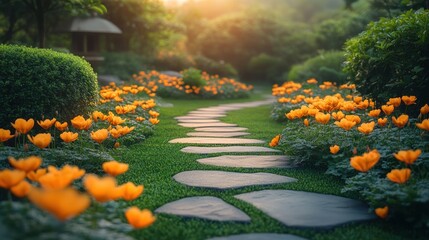 Serene Garden Path at Sunset: A Tranquil Escape