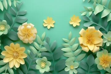 Obraz premium Paper flowers and leaves arranged on a teal background, creating a beautiful floral scene.