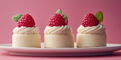 Delicious raspberry desserts displayed elegantly on a white plate against a pink background at a dessert event