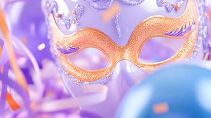 Lavender masquerade mask amidst confetti; festive celebration; party invitation design