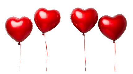 Four Red Heart-Shaped Balloons Against Transparent Background