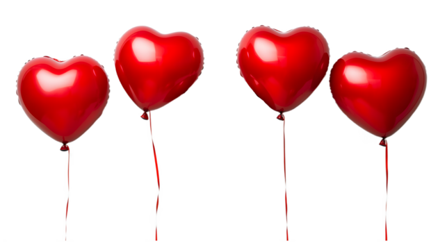 Four Red Heart-Shaped Balloons Against Transparent Background