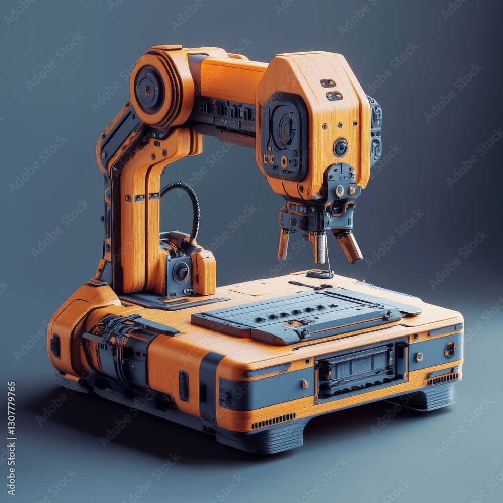 Poster artistic render of a stylized orange and blue robotic arm with wood texture on gray background