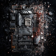 Fototapeta premium Advanced Motherboard Exploding with Technology and Data Transfer on a Dark Abstract Background.