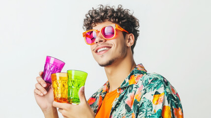 Obraz premium Vibrant party mood with young man in tropical shirt and colorful sunglasses