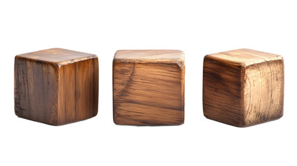 Three Rustic Wooden Cubes Against Transparent Background