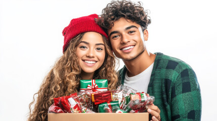 Joyful young couple embracing holiday spirit with gifts