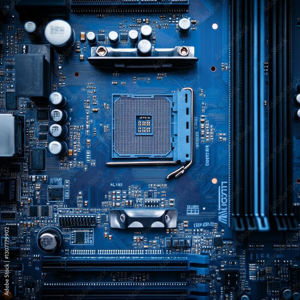 Poster Close-Up of a Detailed Blue Motherboard: The Core of Modern Computing Technology with Intricate Circuits 