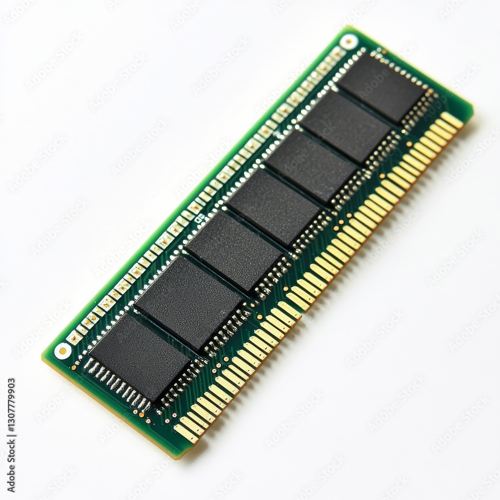 Poster Close-up of a green computer RAM module with black chips and golden pins on a white background, revealing its intricate design
