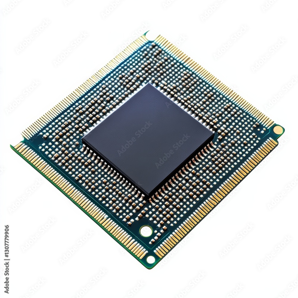 Aufkleber Close-up of a Modern Microprocessor: High-Tech Computing Hardware, Integrated Circuit, and Golden Pins on a Clean White Background