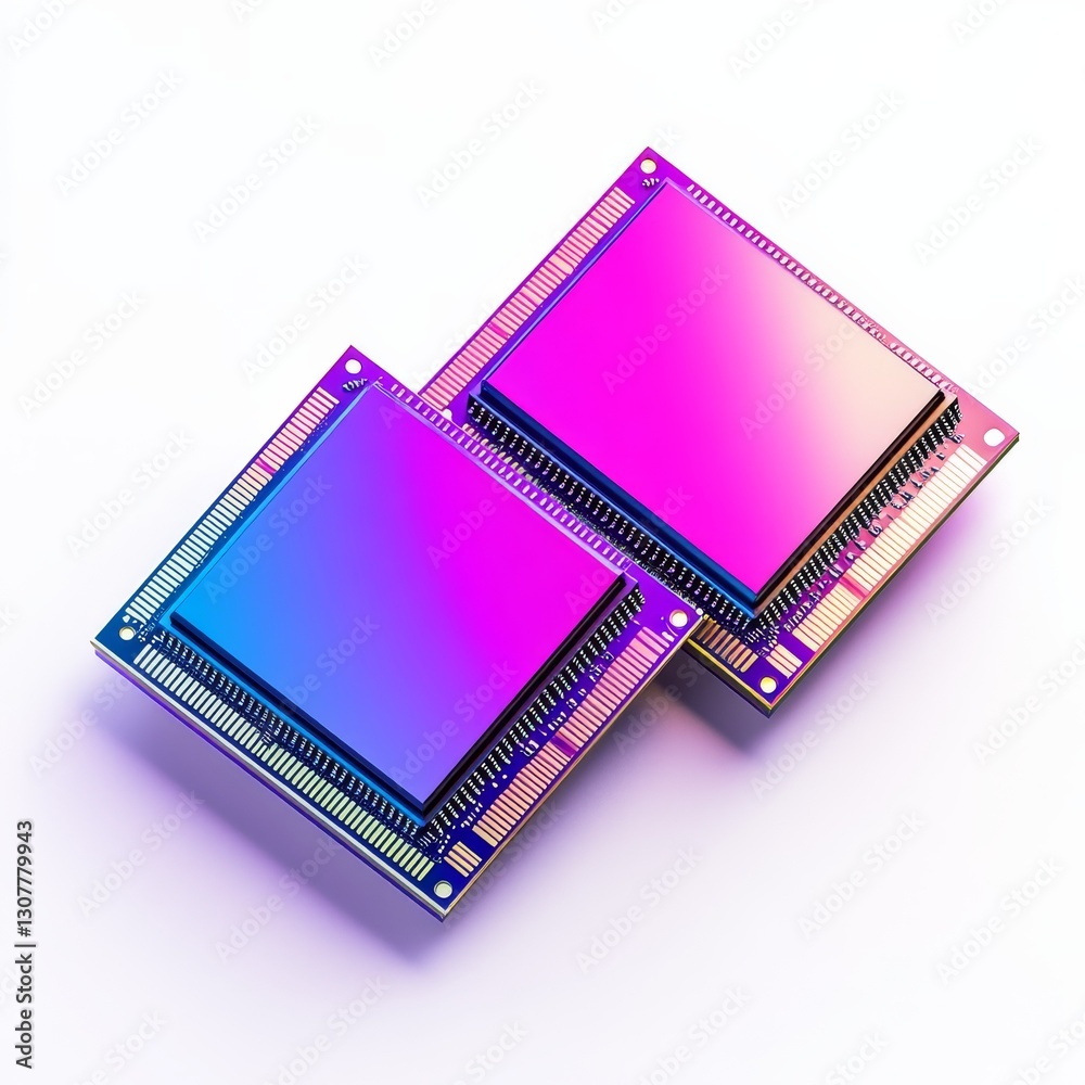 Aufkleber close-up shot of two stacked modern microchips with a vibrant gradient, showcasing advanced technolo