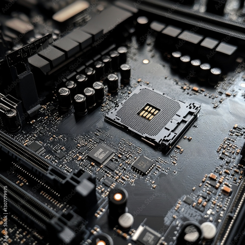 Poster close-up of a sophisticated motherboard highlighting its cpu socket, capacitors, chips, and intricat