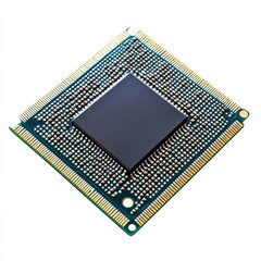 Close-up of a Modern Microprocessor: High-Tech Computing Hardware, Integrated Circuit, and Golden Pins on a Clean White Background