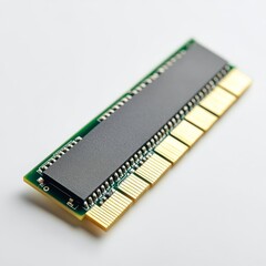 Close-up of a DDR4 RAM module showcasing its gold connectors, black heat spreader, and green PCB on a white background.
