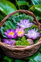 Obraz premium Lotus blossoms & leaves in wicker basket; lush garden setting; spa treatment or gift