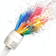 Colorful Fiber Optic Cable Bursting with Data Stream on White Background Illustrating Connectivity and Technology