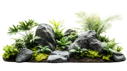 Lush Tropical Rock Garden Scene, Ideal for Home Decor