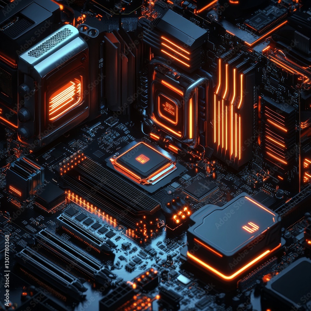 Aufkleber Illuminated Circuit Board: A Futuristic Design Featuring Orange LED Accents and Complex Electronic Components.