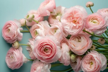 Obraz premium A bouquet of delicate, light pink ranunculus flowers arranged on a teal background.