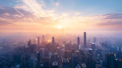 Fototapeta premium background of city skyline panorama under fisheye lens