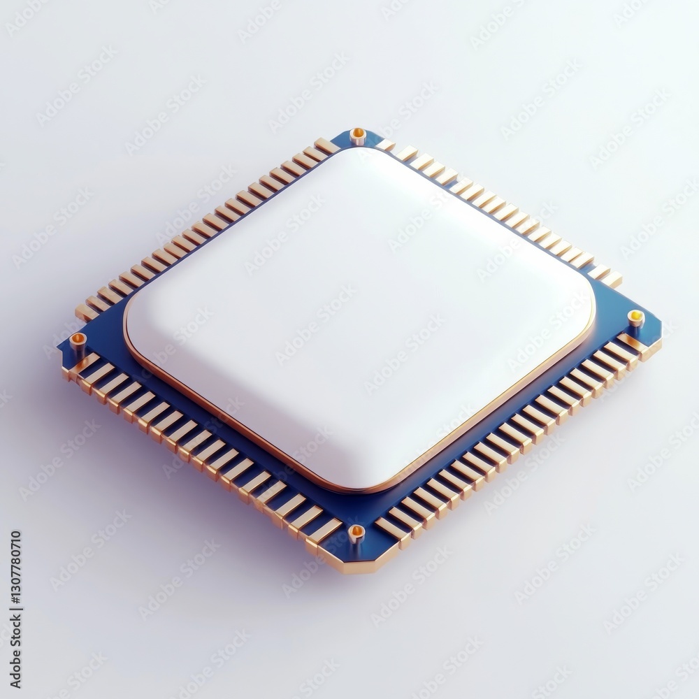 Poster modern cpu chip illustration: high-tech microprocessor with golden pins on white background
