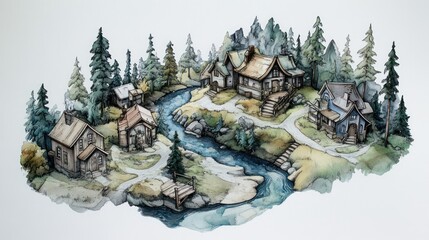 Watercolor village by a winding river in a forest