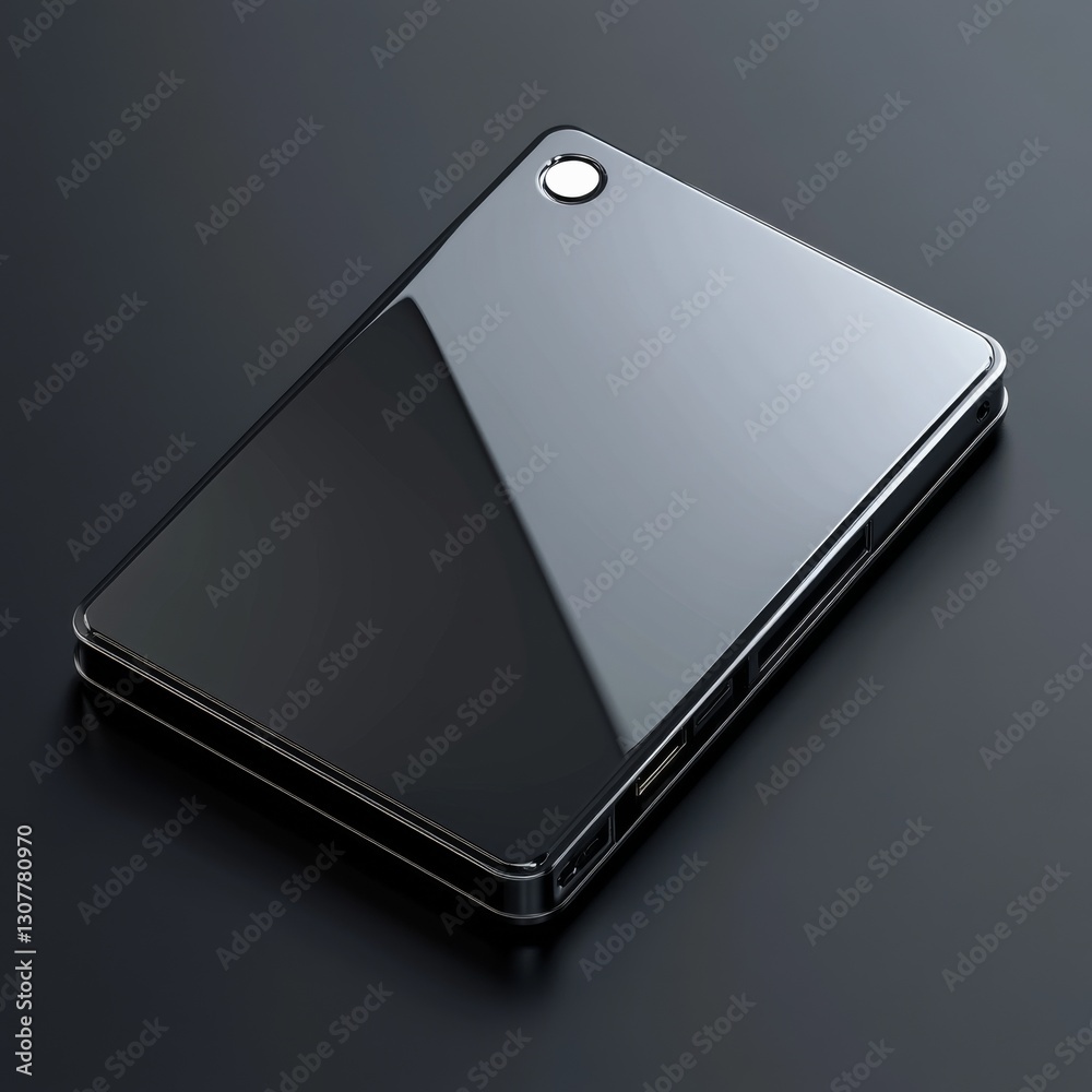 Poster sleek and modern: high-angle view of a glossy black tablet device on a dark surface, reflecting ligh