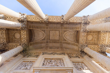 Columns of Pantheon - Paris seen from below. Pantheon was build by the architect Soufflot and among...