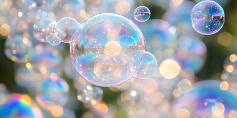 Colorful soap bubbles floating in air in sunlight