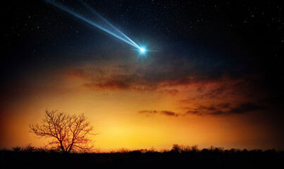Comet, asteroid, meteorite flying to the planet Earth.  Glowing asteroid and tail of a falling...