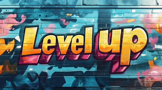 Graffiti with bold yellow and orange Level up lettering on a brick wall, featuring vibrant colors and a modern street art style