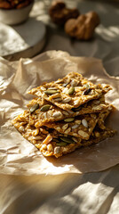 Healthy nut and seed snack bars on parchment paper in sunlight