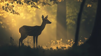 Fototapeta premium Serene Deer Silhouetted in Sunlit Forest During Golden Hour