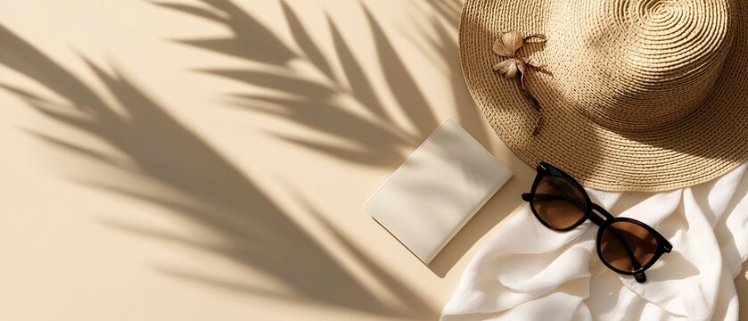 A summer composition features vacation accessories with shadows on display