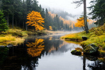 Obraz premium Misty Autumn River Reflection Golden trees mirrored in calm water, foggy forest backdrop