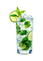 Fresh Mojito Cocktail with Lime Slices, Mint Leaves and Ice Cubes in Tall Glass, Summer Cold Drink with Cuban Rum Isolated on Transparent and White Background