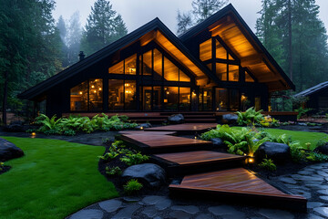 Modern forest home; evening ambiance, landscaped pathway; architectural design
