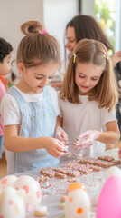 Fototapeta premium Kids decorating bunny bark at easter party celebration