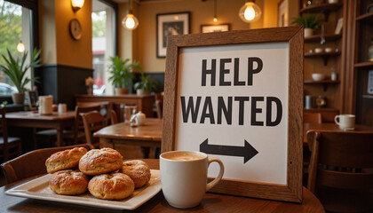 Help wanted sign in cozy coffee shop with pastries and coffee
