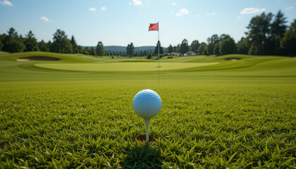 A golf ball sits on a tee, perfectly positioned on a vibrant green fairway. In the distance, a red flag flutters, marking the hole. Clear blue skies enhance the serene atmosphere