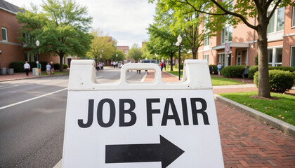 Job fair sign directing attendees along outdoor street