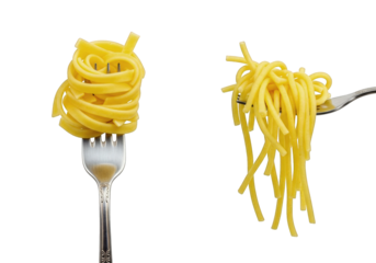 Fork with coiled pasta isolated on transparent background