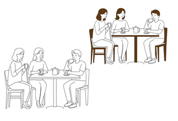 Family Drinking Coffee vectors, Raising tea and coffee cups in a cheerful toast, hands holding mugs filled with non-alcoholic beverages. A diverse group of friends gathers to celebrate a holiday, enjo