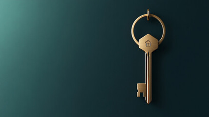 Gold key with house icon, hanging against dark-teal background, showcasing real estate or homeownership conceptFree space for text