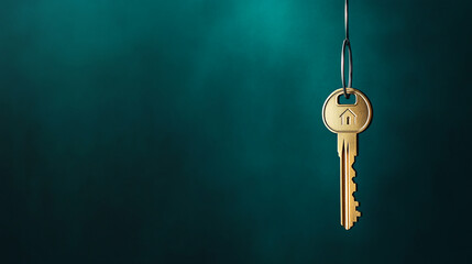 Golden house key hanging against teal background, showcasing homeownership, new beginnings, and real estate concepts Free space available for text