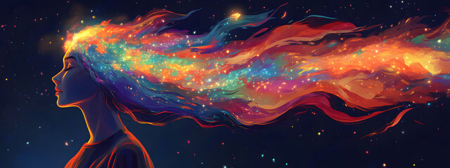 Obraz premium A woman with hair made of colorful nebulae, floating in space 