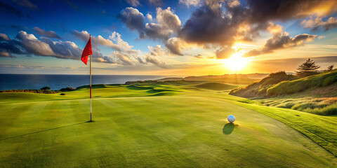 A vibrant sunset casts warm hues over a well-maintained golf course. A red flag marks the hole while a lone golf ball rests on the smooth green, with ocean waves in the background